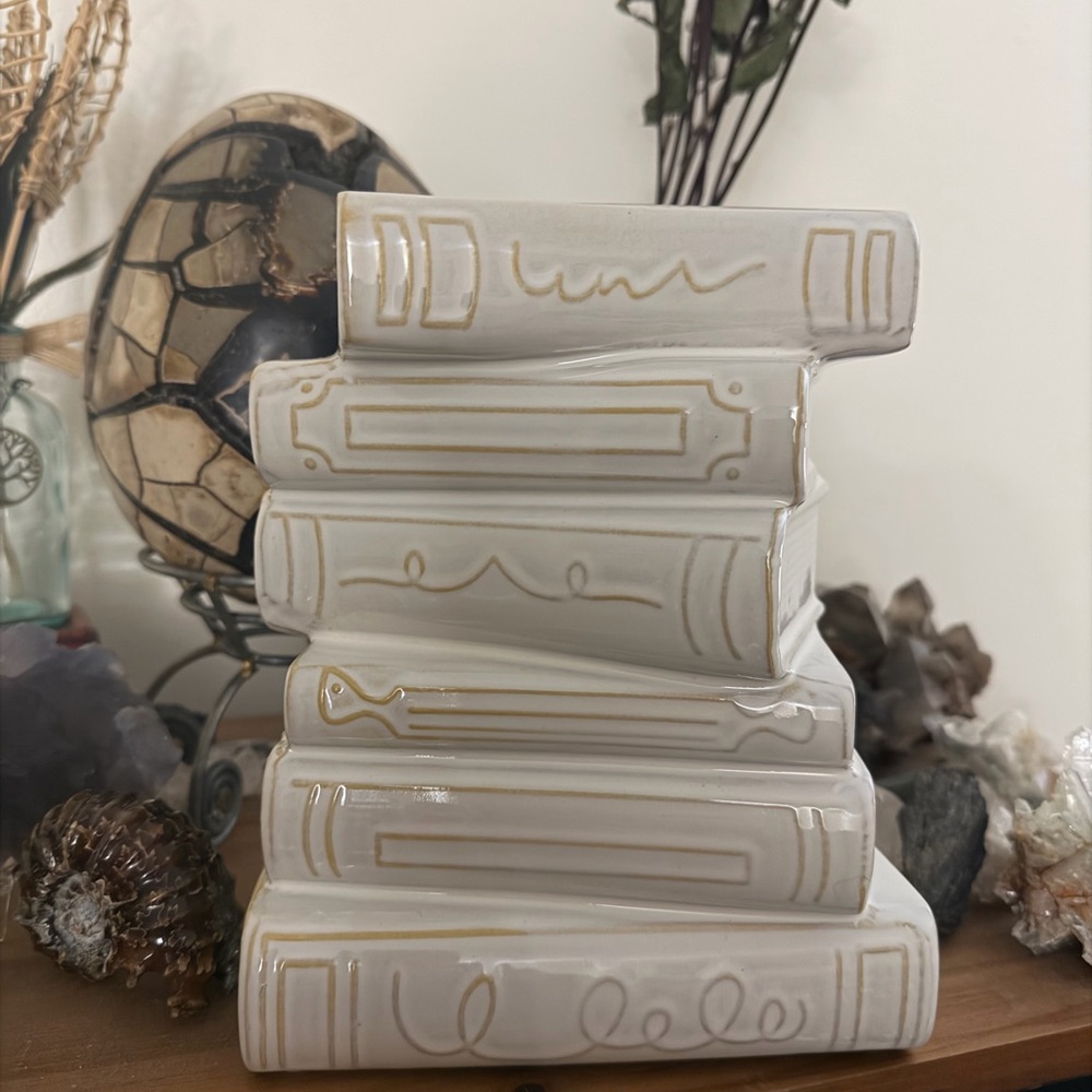 Viral! White Ceramic Book Stack Decor, Vase/Planter